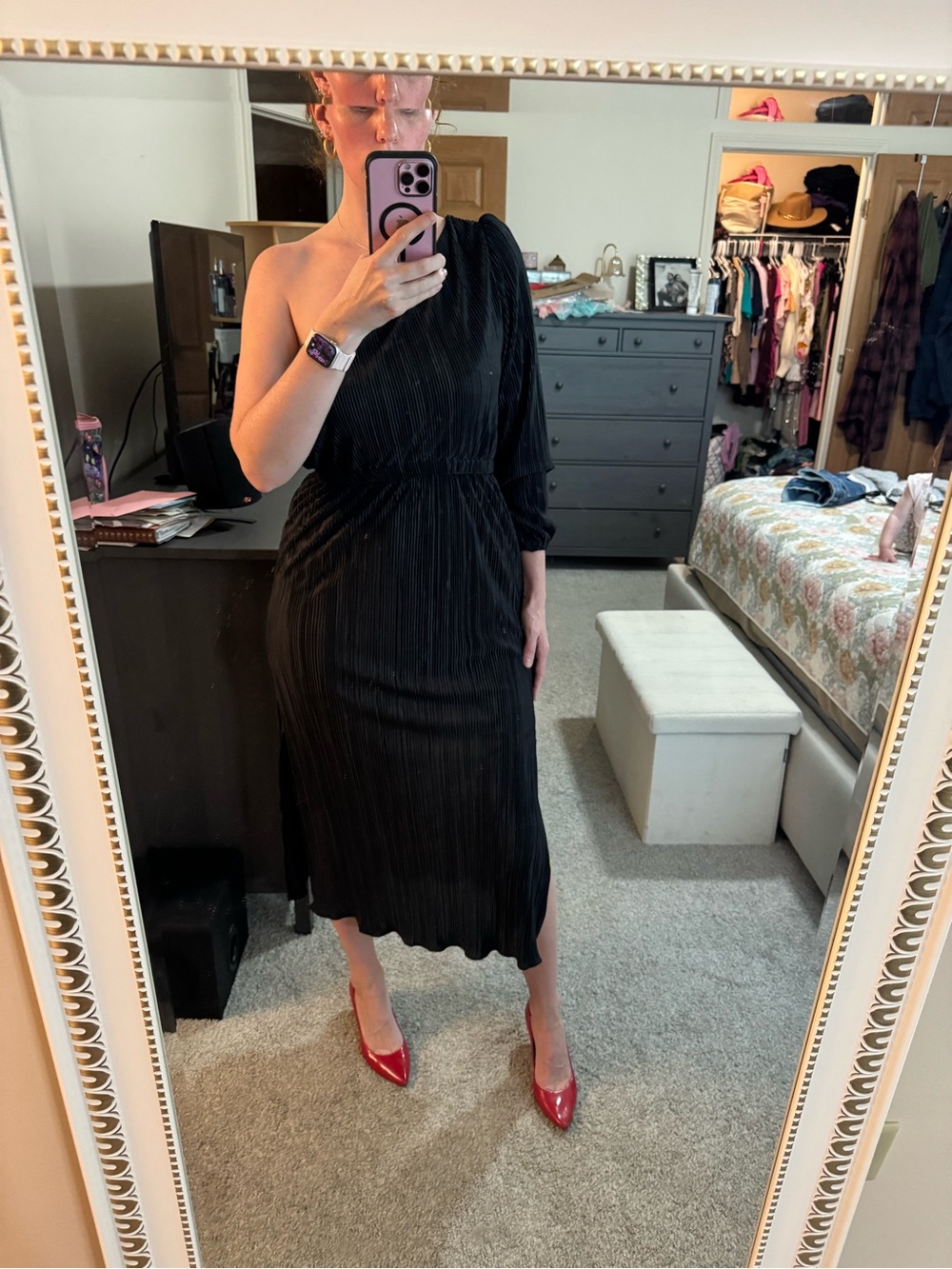 Petal and Pup One-Shoulder Black Pleated Midi Dress - Picture 7 of 10